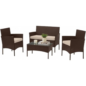 image:imageLavish Home 4Piece Patio Furniture Set  Rattan Outdoor Couch 2 Patio Chairs and Table Combo  Cushioned Deck Pool or Porch Furniture Brown