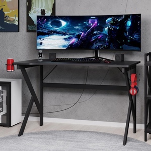 image:imageGaming Computer Desk  Carbon Fiber Texture Finish PC Desk with Cup Holder Headphones Hanger K Shaped Legs Cable Management by Lavish Home Black