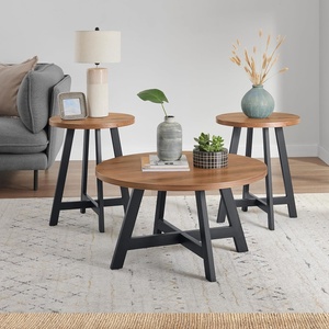 image:imageLavish Home 3Piece Coffee Table Set  Industrial Modern Round Coffee Table and 2 Side Tables  for Living Room Apartment or Dorm Room Walnut