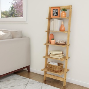 image:imageLavish Home 5Tier Ladder Shelf  50Inch Narrow Leaning Bookshelf  Wooden Bookcase for Living Room Bathroom Kitchen Office or Bedroom Furniture Oak