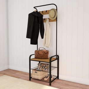 image:imageLavish Home Entryway Bench with Coat Rack  Metal Hall Tree with Seat Hooks and Shoe Storage  Rustic Farmhouse Freestanding Mudroom Furniture