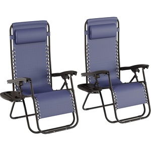 image:imageLavish Home Set of 2 ZeroGravity Chairs  Folding Patio Furniture  Outdoor Recliners with Side Table Cup or Phone Holder and Chair Pillow Navy