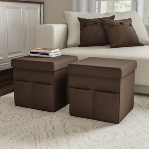 image:imageSet of 2 Ottomans with Storage Pockets  15Inch Folding Foot Rests or Storage Organizers for Bedroom Living Room or Dorm by Lavish Home GrayLinen Brown
