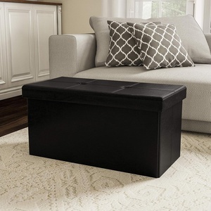 image:imageStorage Ottoman  30Inch Folding Faux Leather Footrest Linen Chest or Bench with Removable Bin for Living Room or Bedroom by Lavish Home BlackBlack