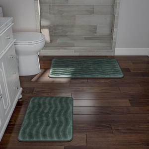 image:image2 Piece Bathroom Rug Set  32x20 Inch and 23x17 Inch Memory Foam Bath Mats with Textured Wave Print for Stylish Bathroom Decor  Bath Rugs Non Slip Washable Bathmats by Lavish Home BlackGreen