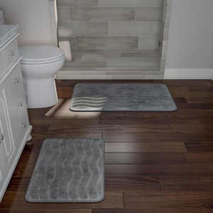 image:image2 Piece Bathroom Rug Set  32x20 Inch and 23x17 Inch Memory Foam Bath Mats with Textured Wave Print for Stylish Bathroom Decor  Bath Rugs Non Slip Washable Bathmats by Lavish Home BlackPlatinum
