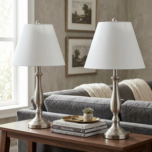 image:imageBrushed Steel Table Lamps  Set of 2 Traditional Accent Lights with LED Bulbs  Home Dcor for Bedroom Living Room Office or Entry by Lavish Home