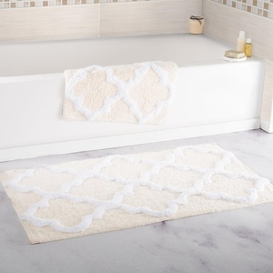 image:imageLavish Home 2 Piece Bathroom Rug Set  41x245 Inch and 34x21 Inch 100 Cotton Bath Mats with Textured Trellis Print for Elegant Bathroom Decor  Bath Rugs Non Slip Washable Bathmats Navy BlueBone