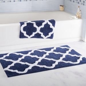 image:imageLavish Home 2 Piece Bathroom Rug Set  41x245 Inch and 34x21 Inch 100 Cotton Bath Mats with Textured Trellis Print for Elegant Bathroom Decor  Bath Rugs Non Slip Washable Bathmats Navy BlueNavy