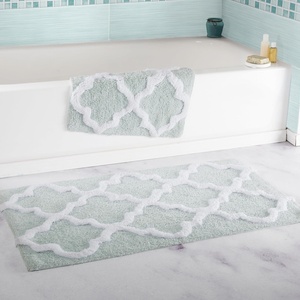 image:imageLavish Home 2 Piece Bathroom Rug Set  41x245 Inch and 34x21 Inch 100 Cotton Bath Mats with Textured Trellis Print for Elegant Bathroom Decor  Bath Rugs Non Slip Washable Bathmats Navy BlueSeafoam