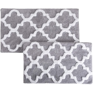 image:imageLavish Home 2 Piece Bathroom Rug Set  41x245 Inch and 34x21 Inch 100 Cotton Bath Mats with Textured Trellis Print for Elegant Bathroom Decor  Bath Rugs Non Slip Washable Bathmats Navy BlueSilver