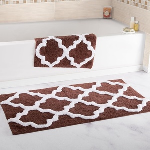 image:imageLavish Home 2 Piece Bathroom Rug Set  41x245 Inch and 34x21 Inch 100 Cotton Bath Mats with Textured Trellis Print for Elegant Bathroom Decor  Bath Rugs Non Slip Washable Bathmats Navy BlueChocolate