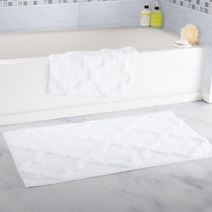 image:imageLavish Home 2 Piece Bathroom Rug Set  41x245 Inch and 34x21 Inch 100 Cotton Bath Mats with Textured Trellis Print for Elegant Bathroom Decor  Bath Rugs Non Slip Washable Bathmats Navy BlueWhite