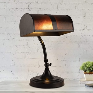 image:imageLavish Home Bankers Lamp  Mission Style Amber Mica Shade Table or Desk Light LED Bulb Included Classic Vintage Look Accent Decor Dark Brown Black Off White 10 x 9 x 14 L x W x H