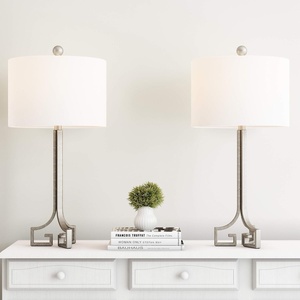 image:imageLavish Home Greek Key Table LampsSet of 2 Modern Lights with LED BulbsAntique Silver with Ivory Shades for Bedroom Living Room or Office