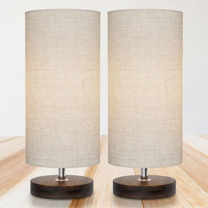 image:imageLavish Home Small Table Lamp Set with Wood Base  Set of 2 Modern Cylinder Lights with LED Bulb IncludeDecor Living Room Bedroom or Home Office