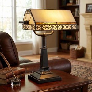 image:imageLavish Home Tiffany Style Bankers Desk Lamp with Stained Glass Shade BrownDark Brown  Black   Off White