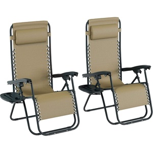 image:imageLavish Home Zero Gravity Chairs  Set of 2 Outdoor Chairs with Side Tables with 2 Cupholders Phone and Tablet Holder and Chair Pillow Beige