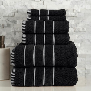 image:imageLuxury Cotton Towel Set  Rice Weave 100 Egyptian Cotton 6 Piece Set with 2 Bath Towels 2 Hand Towels and 2 Washcloths  Black