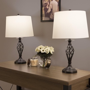 image:imageSpiral Cage Table Lamps  Set of 2 OilRubbed Bronze Modern Farmhouse Style Bedside or Living Room Lamps with White Drum Shades by Lavish Home