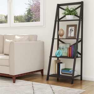 image:imageLavish Home 4Tier Ladder Bookshelf  Freestanding Shelved Bookcase with XBack Frame and Leaning Look  Display Shelves for Home or Office Black