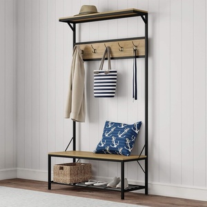 image:imageLavish Home Entryway Bench with Seat  Iron and Wood Furniture with 5Hook Coat Rack Top Shelf and Bottom Shoe Storage Weathered WoodgrainLook