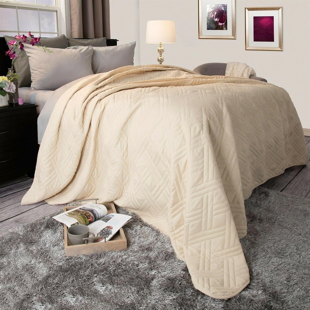image:imageLavish Home Ivory Quilt Coverlet for Twin Size BedsBasket Weave Quilted PatternSoft amp Lightweight Bedding for All Seasons Solid Color Bedspread